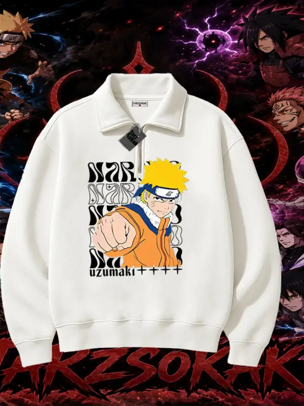 Naruto Uzumaki Premium Anime Unisex Polo Yaka Yarım Fermuarlı Sweatshirt Beyaz