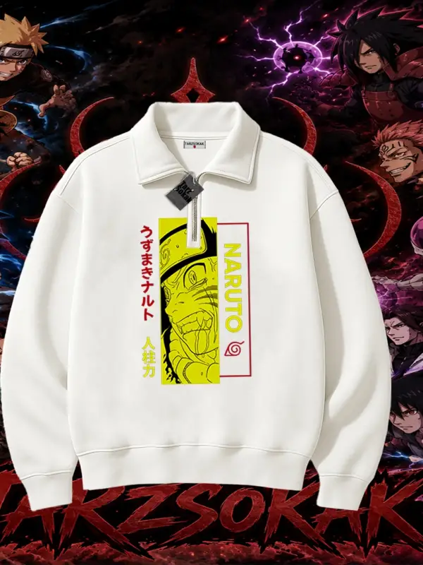 Naruto Uzumaki Premium Anime Unisex Polo Yaka Yarım Fermuarlı Sweatshirt Beyaz