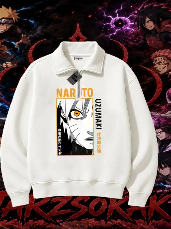 Naruto Uzumaki Premium Anime Unisex Polo Yaka Yarım Fermuarlı Sweatshirt Beyaz