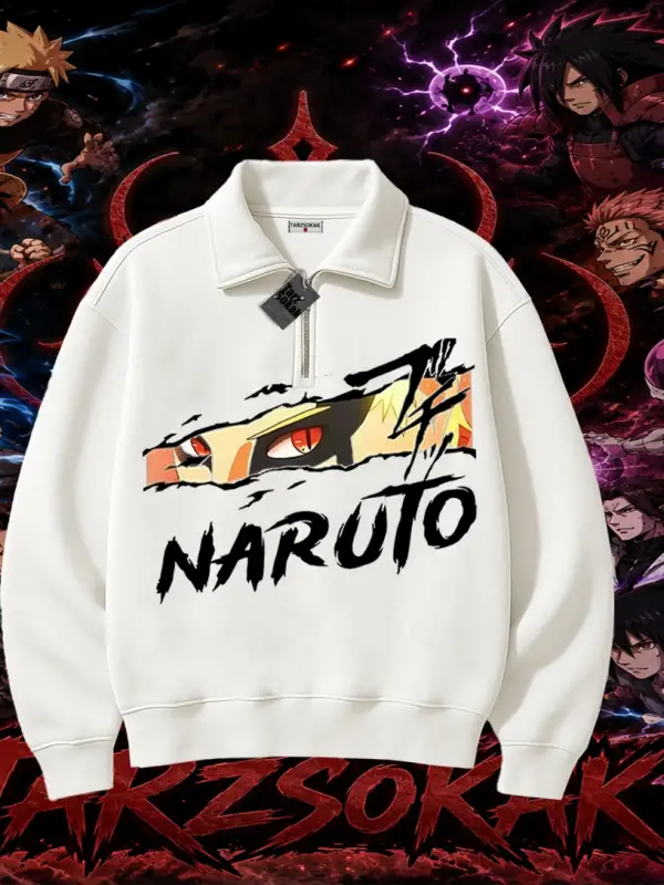 Naruto Uzumaki Premium Anime Unisex Polo Yaka Yarım Fermuarlı Sweatshirt Beyaz