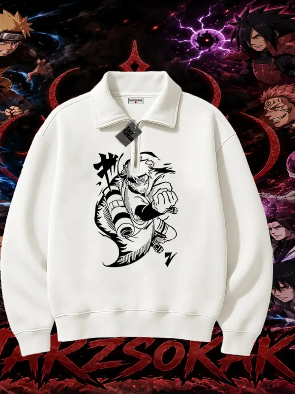 Naruto Uzumaki Premium Anime Unisex Polo Yaka Yarım Fermuarlı Sweatshirt Beyaz