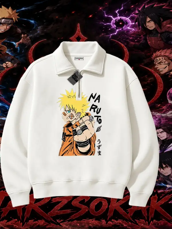 Naruto Uzumaki Premium Anime Unisex Polo Yaka Yarım Fermuarlı Sweatshirt Beyaz