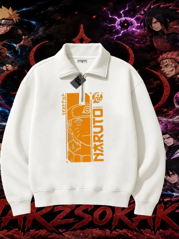 Naruto Uzumaki Premium Anime Unisex Polo Yaka Yarım Fermuarlı Sweatshirt Beyaz