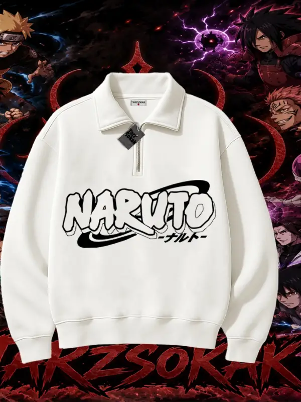 Naruto Uzumaki Premium Anime Unisex Polo Yaka Yarım Fermuarlı Sweatshirt Beyaz