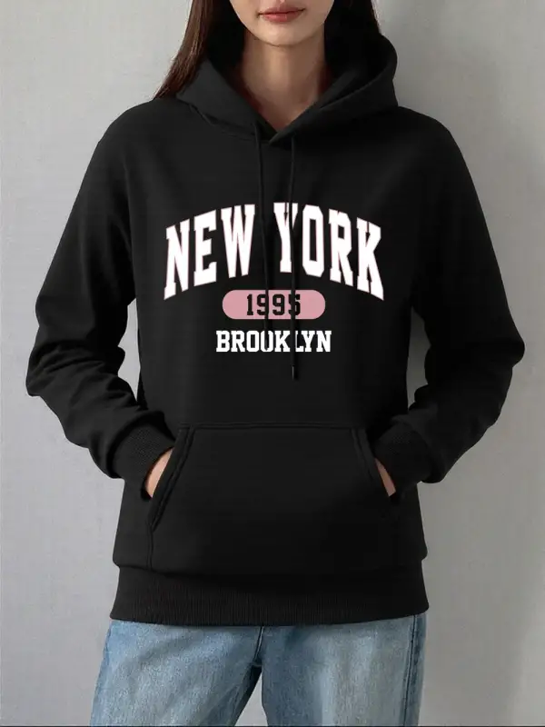 New York 1995 Brooklyn Baskılar Hoodie Kadın Kış Polar Sıcak Kazak Temelleri Cep Kazak Rahat