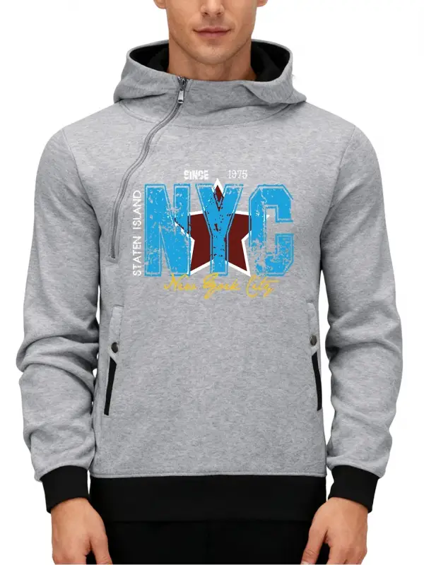 New York City Staten Island Baskı Erkek Çapraz Fermuarlı Kapüşonlu Üst Kışlık Polar Sıcak Kaz