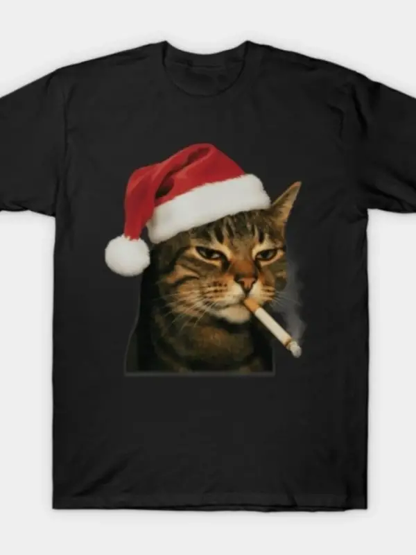 Noel Baba Kedi Sigara İçiyor Komik Tatil Grafikli Meme ve Mizah Tişörtü Erkek Kadın %100 Pamu