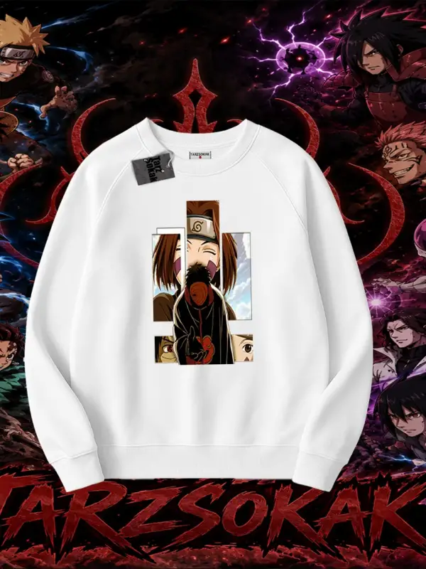 Obito uchiha Naruto Anime Karakteri Oversize Unisex Bisiklet Yaka Sweatshirt Beyaz