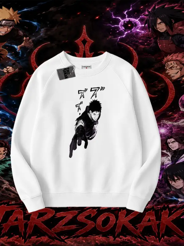 Obito uchiha Naruto Anime Karakteri Oversize Unisex Bisiklet Yaka Sweatshirt Beyaz