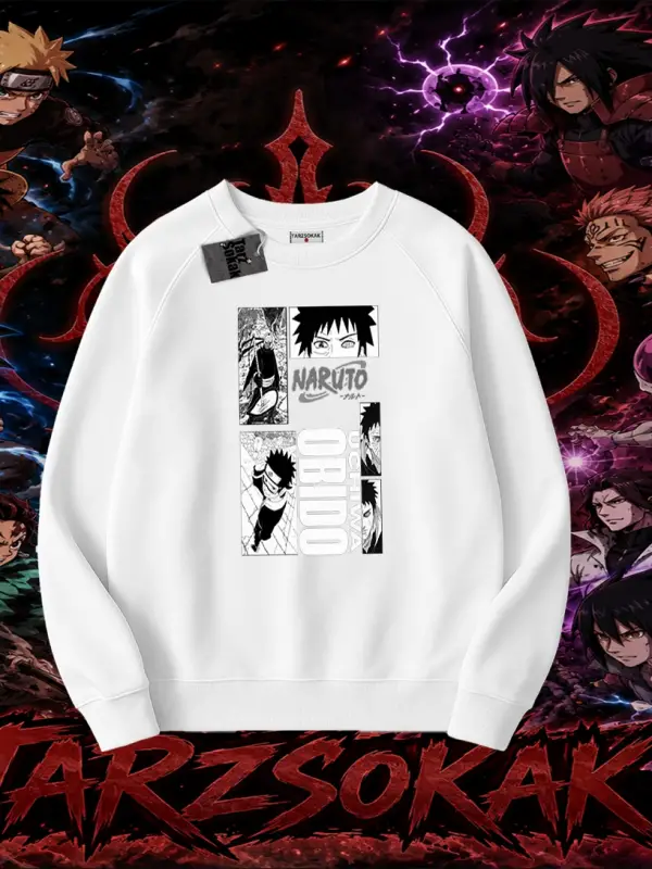 Obito uchiha Naruto Anime Karakteri Oversize Unisex Bisiklet Yaka Sweatshirt Beyaz