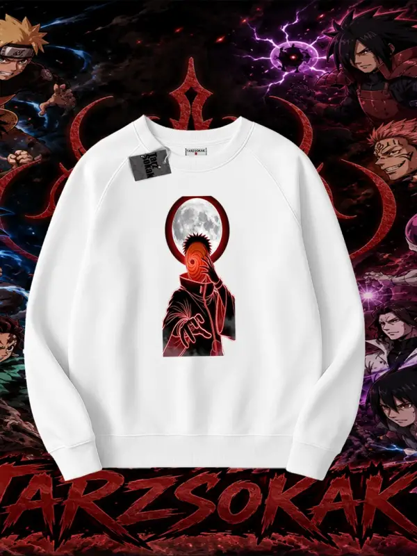 Obito uchiha Naruto Anime Karakteri Oversize Unisex Bisiklet Yaka Sweatshirt Beyaz