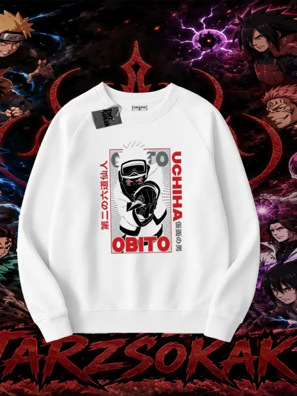 Obito uchiha Naruto Anime Karakteri Oversize Unisex Bisiklet Yaka Sweatshirt Beyaz