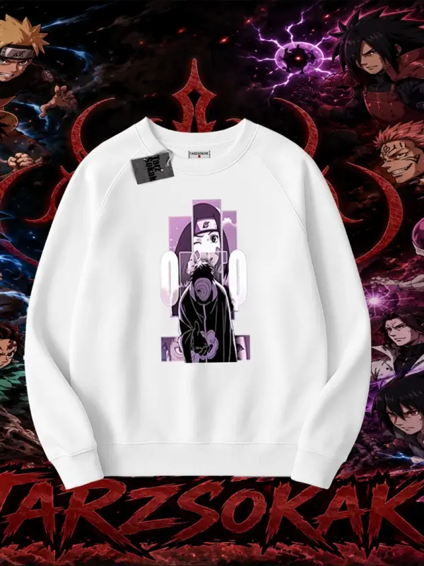 Obito uchiha Naruto Anime Karakteri Oversize Unisex Bisiklet Yaka Sweatshirt Beyaz