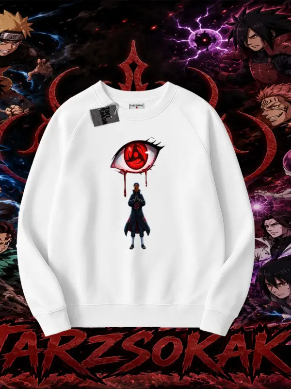 Obito uchiha Naruto Anime Karakteri Oversize Unisex Bisiklet Yaka Sweatshirt Beyaz