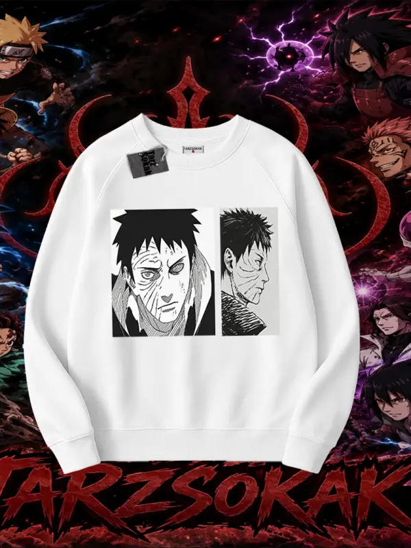 Obito uchiha Naruto Anime Karakteri Oversize Unisex Bisiklet Yaka Sweatshirt Beyaz