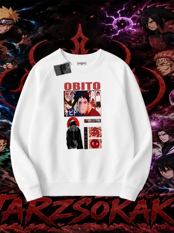 Obito uchiha Naruto Anime Karakteri Oversize Unisex Bisiklet Yaka Sweatshirt Beyaz