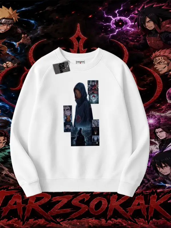 Obito uchiha Naruto Anime Karakteri Oversize Unisex Bisiklet Yaka Sweatshirt Beyaz