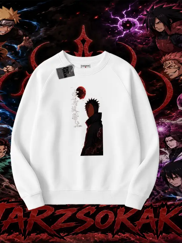 Obito uchiha Naruto Anime Karakteri Oversize Unisex Bisiklet Yaka Sweatshirt Beyaz