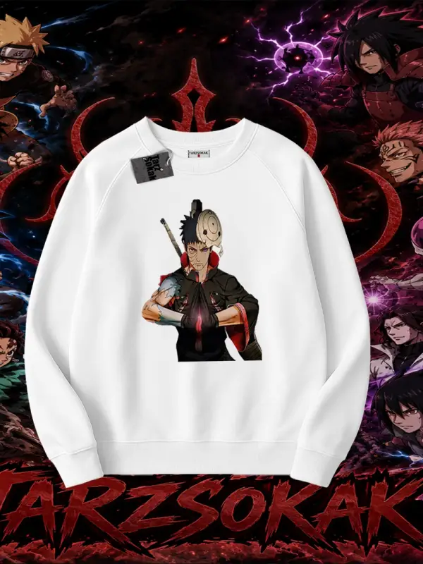 Obito uchiha Naruto Anime Karakteri Oversize Unisex Bisiklet Yaka Sweatshirt Beyaz