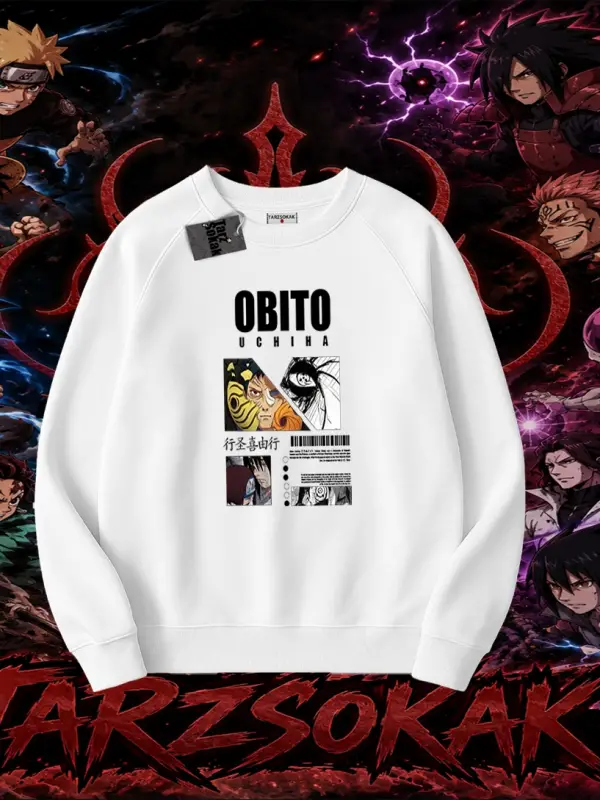 Obito uchiha Naruto Anime Karakteri Oversize Unisex Bisiklet Yaka Sweatshirt Beyaz