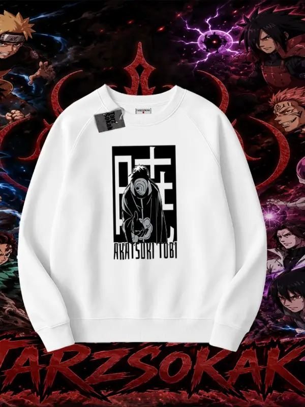 Obito uchiha Naruto Anime Karakteri Oversize Unisex Bisiklet Yaka Sweatshirt Beyaz
