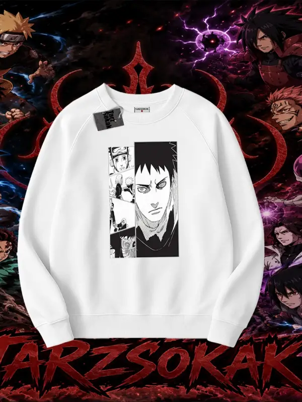 Obito uchiha Naruto Anime Karakteri Oversize Unisex Bisiklet Yaka Sweatshirt Beyaz