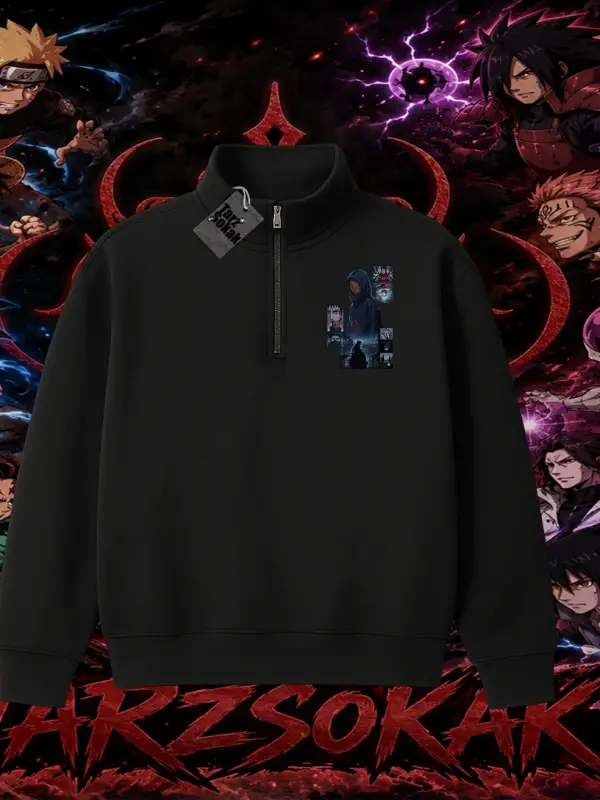 Obito uchiha Naruto Anime Karakteri Unisex Polo Yaka Yarım Fermuarlı Sweatshirt Beyaz
