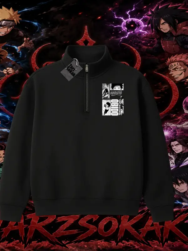 Obito uchiha Naruto Anime Karakteri Unisex Polo Yaka Yarım Fermuarlı Sweatshirt Beyaz