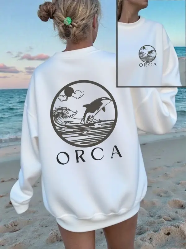 Orca Karikatür Baskı Kazak Kadın Sonbahar Kış Polar Sıcak Hoodie Rahat Temelleri Kazak Gevşek
