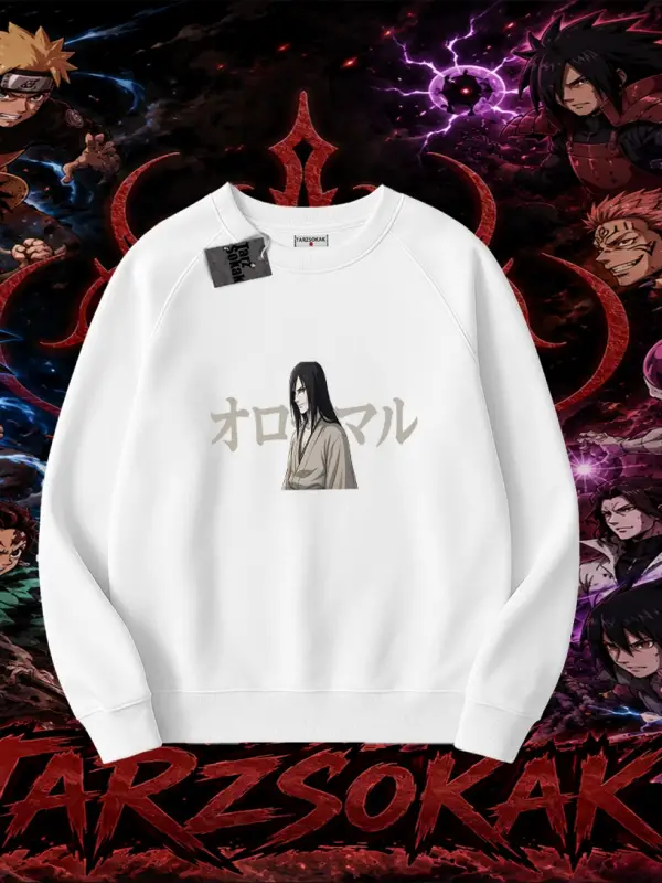 Orochimaru Naruto Anime Karakter Oversize Unisex Bisiklet Yaka Sweatshirt Beyaz