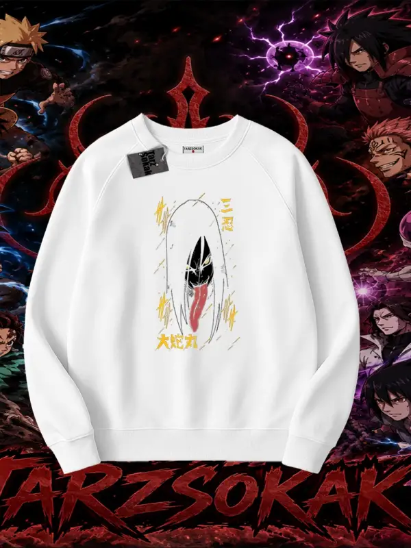 Orochimaru Naruto Anime Karakter Oversize Unisex Bisiklet Yaka Sweatshirt Beyaz