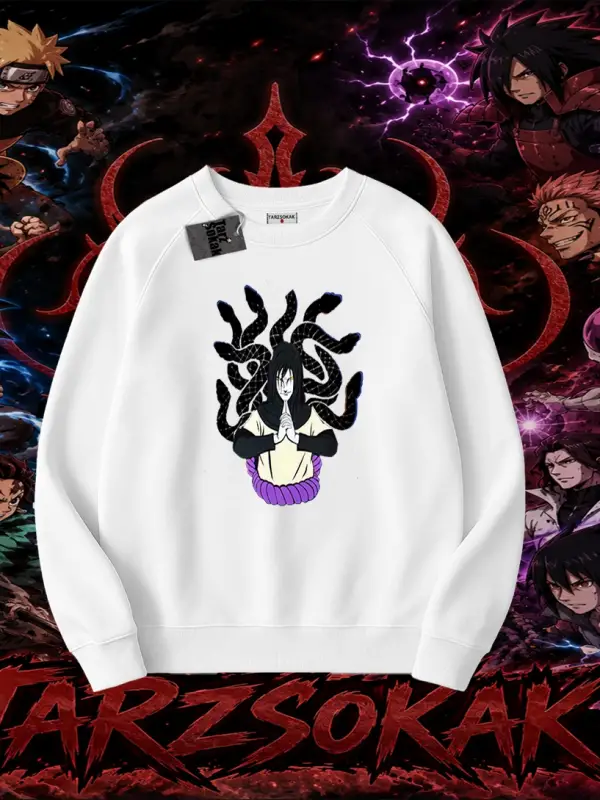 Orochimaru Naruto Anime Karakter Oversize Unisex Bisiklet Yaka Sweatshirt Beyaz