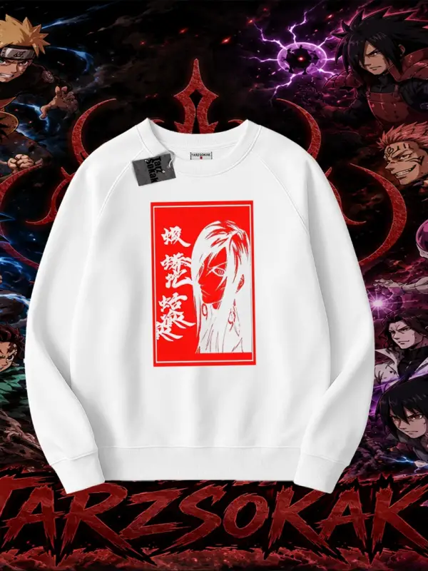 Orochimaru Naruto Anime Karakter Oversize Unisex Bisiklet Yaka Sweatshirt Beyaz