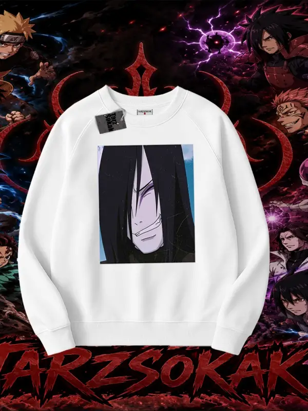 Orochimaru Naruto Anime Karakter Oversize Unisex Bisiklet Yaka Sweatshirt Beyaz