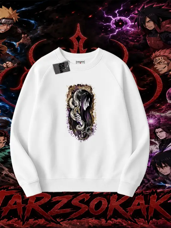 Orochimaru Naruto Anime Karakter Oversize Unisex Bisiklet Yaka Sweatshirt Beyaz