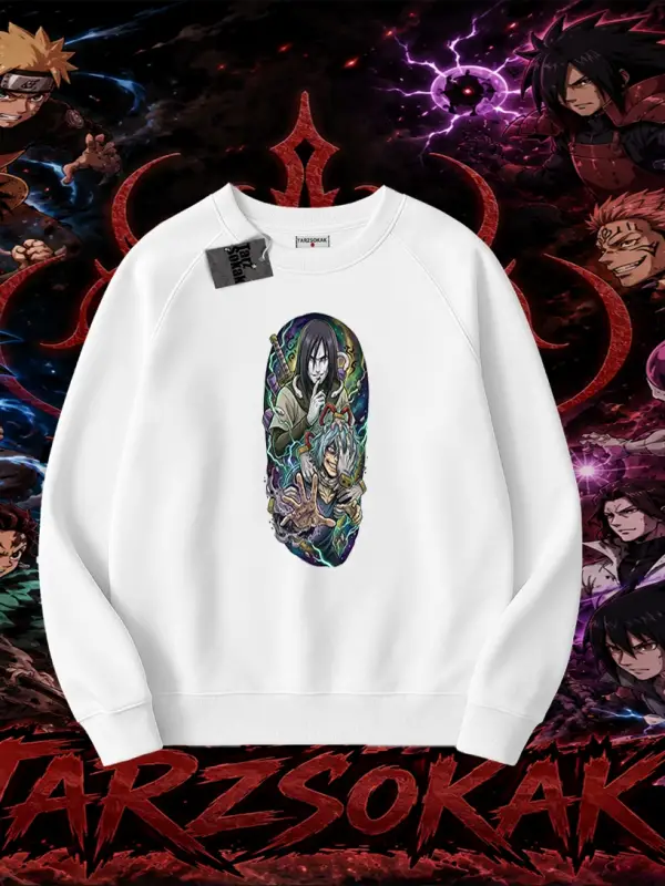 Orochimaru Naruto Anime Karakter Oversize Unisex Bisiklet Yaka Sweatshirt Beyaz