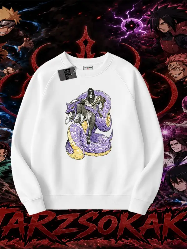 Orochimaru Naruto Anime Karakter Oversize Unisex Bisiklet Yaka Sweatshirt Beyaz
