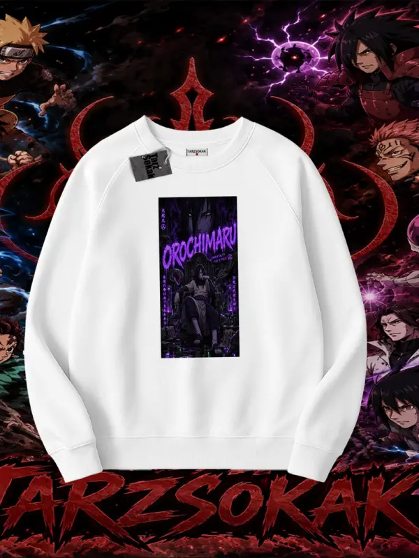 Orochimaru Naruto Anime Karakter Oversize Unisex Bisiklet Yaka Sweatshirt Beyaz