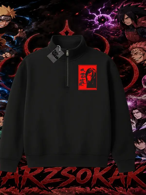 Orochimaru Naruto Anime Karakter Unisex Polo Yaka Yarım Fermuarlı Sweatshirt Beyaz