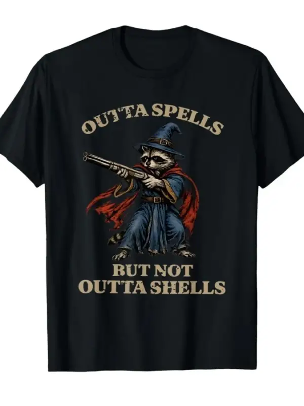 Outta Spells But Not Outta Shells Komik Sihirbaz Rakun Meme T-shirt Erkekler Kadınlar Için %