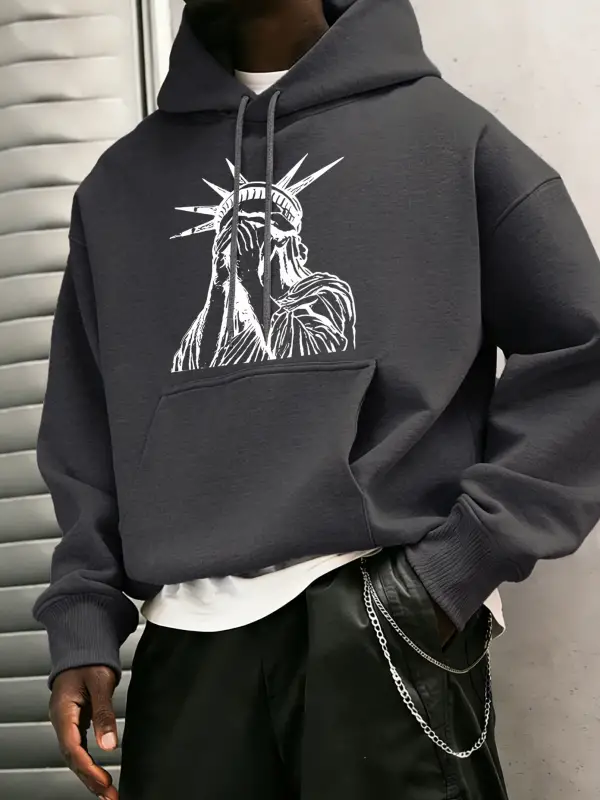 Özgürlük Heykeli Desenli S-2Xl Erkekler İçin Hip Hop Sonbahar Sweatshirtleri Cepli Polar Üstl