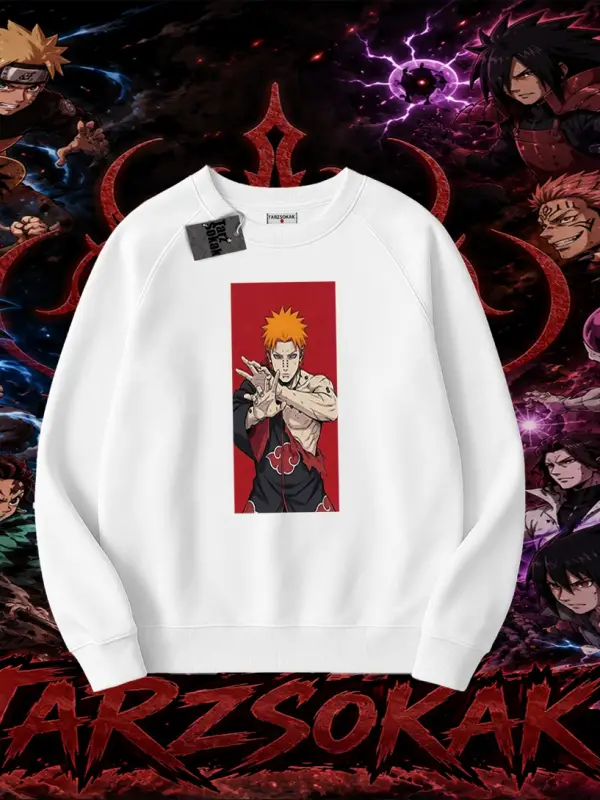 Pain nagato Naruto Anime Karakter Oversize Unisex Bisiklet Yaka Sweatshirt Beyaz