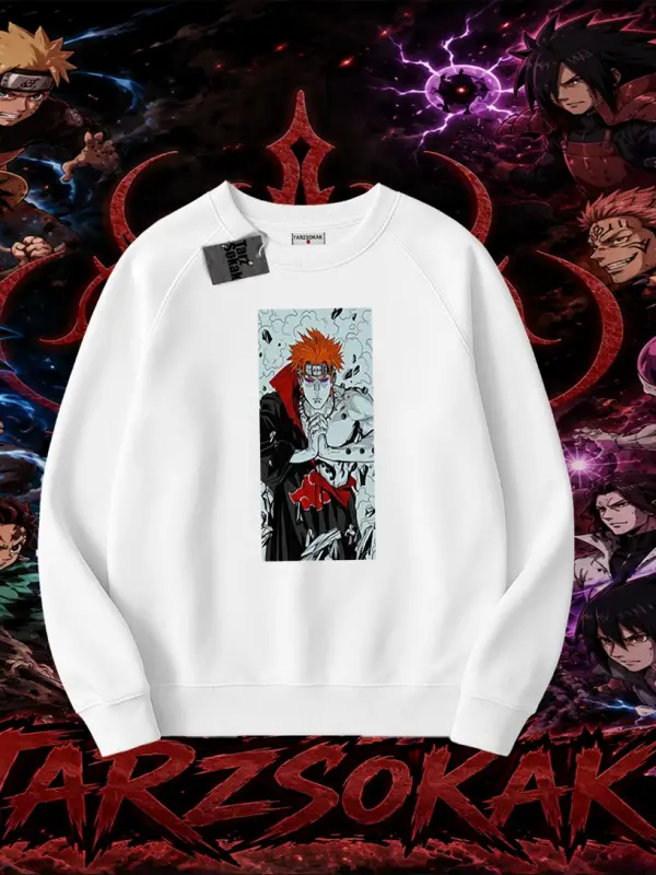 Pain nagato Naruto Anime Karakter Oversize Unisex Bisiklet Yaka Sweatshirt Beyaz