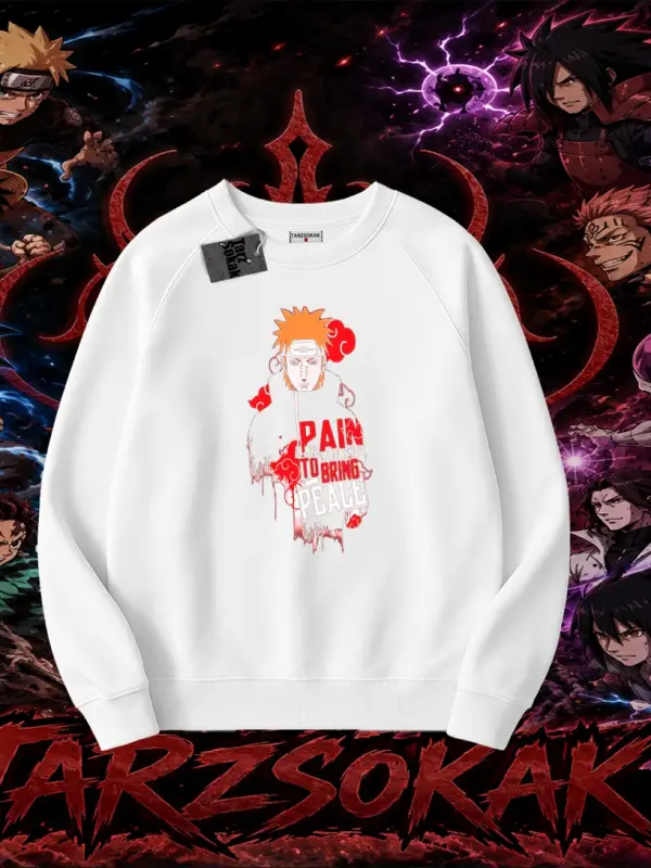 Pain nagato Naruto Anime Karakter Oversize Unisex Bisiklet Yaka Sweatshirt Beyaz