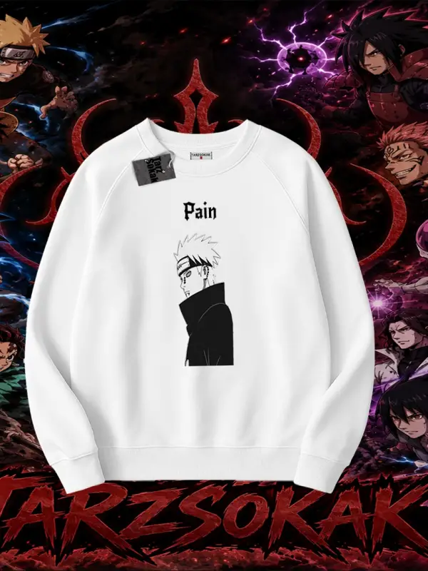 Pain nagato Naruto Anime Karakter Oversize Unisex Bisiklet Yaka Sweatshirt Beyaz