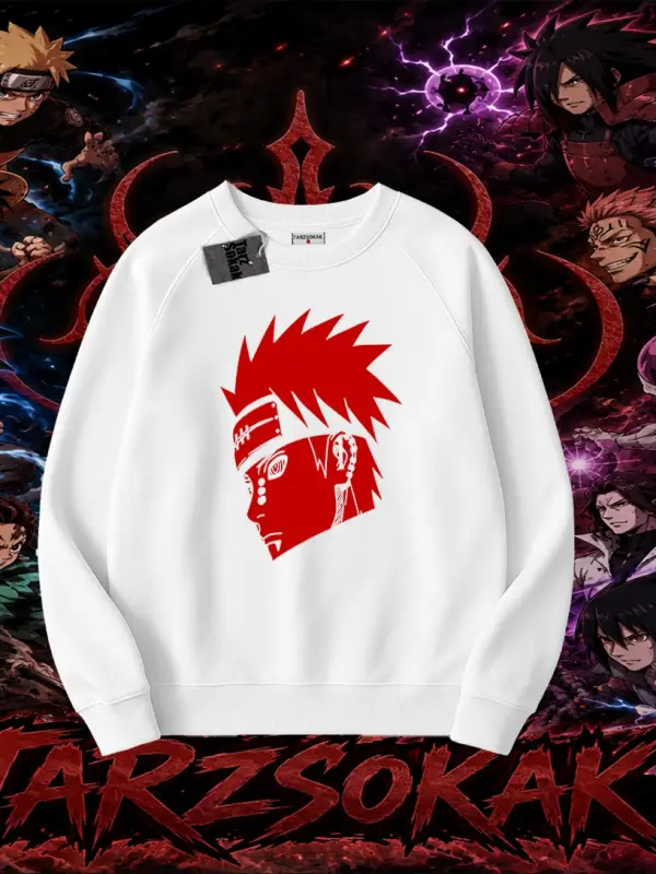 Pain nagato Naruto Anime Karakter Oversize Unisex Bisiklet Yaka Sweatshirt Beyaz