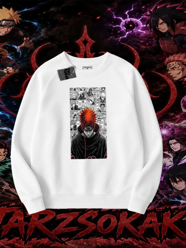 Pain nagato Naruto Anime Karakter Oversize Unisex Bisiklet Yaka Sweatshirt Beyaz