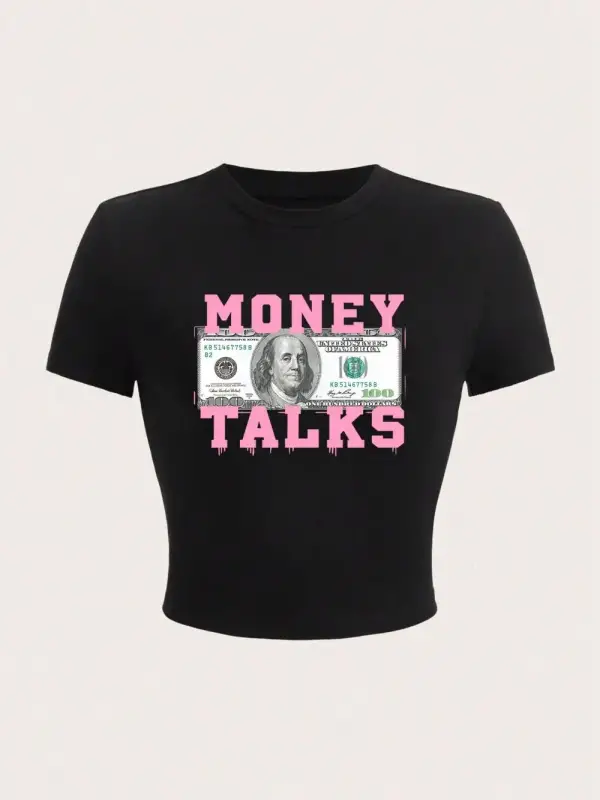 Para konuşur mektup baskı kırpma T-Shirt seksi yaz kadin kısa kollu rahat nefes yumuşak streç