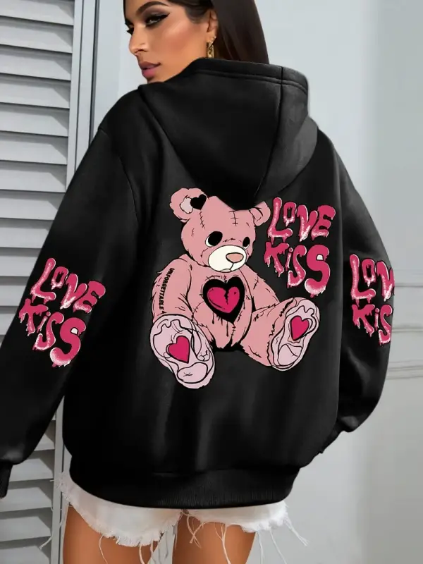 Pembe Aşk Öpücük Sanatı Harfli Baskılı Kadınlar İçin Cepli Sonbahar Kapüşonlu Sweatshirt Pola
