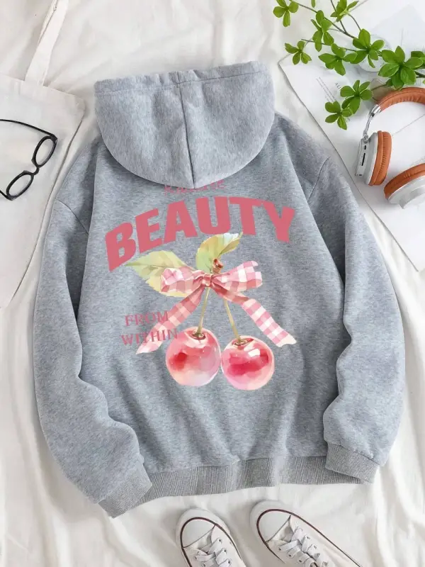 Pembe Kiraz Kapüşonlular Bayan Yaylatmak Güzellik Yay Baskı Streetweet Polar Sıcak Cep Gevşek